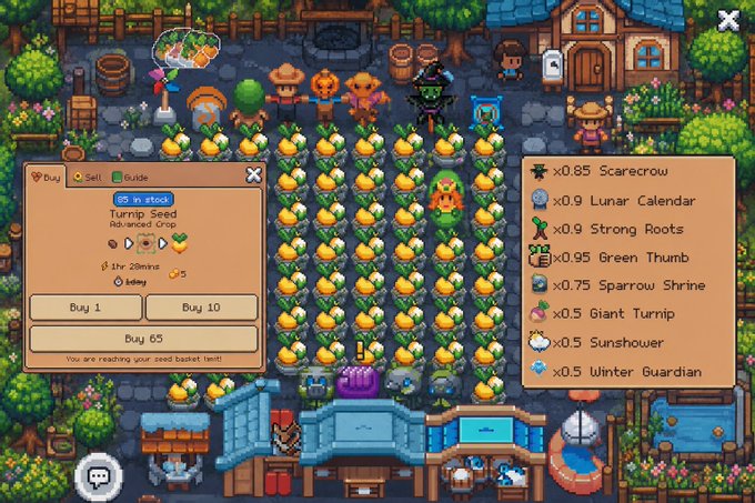The main focus of this image is a video game tutorial or guide for turningips, with an emphasis on growing sunflowers as part of a farming system. The player starts at the turnip seed location represented by a blue symbol and is guided through various tasks such as digging, planting, watering, and harvesting. The tutorial highlights the importance of proper turnip care and growth conditions in order to achieve a successful harvest, including the use of sunflowers for pollination due to their unique shape. This educational element encourages players to learn how to manage and optimize crop rotation effectively while maintaining the health of the soil and environment.