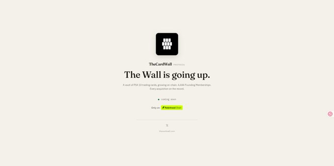 A minimalist webpage from 'TheCardWall' announcing 'The Wall is going up,' describing it as a wall of PFA 3D trading cards growing in real-time, with pricing details and a Shopify payment option.