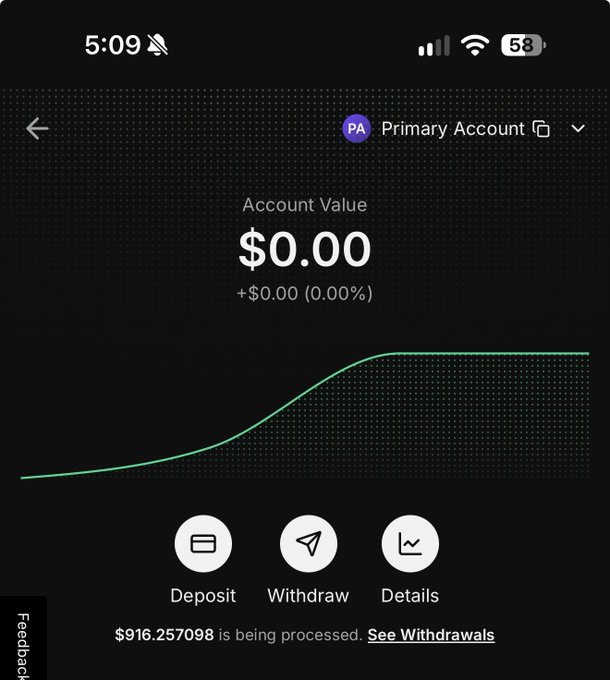 A mobile app screenshot showing an Account Value of $0.00 in a Primary Account, with a notification that $916.257098 is being processed for withdrawal.