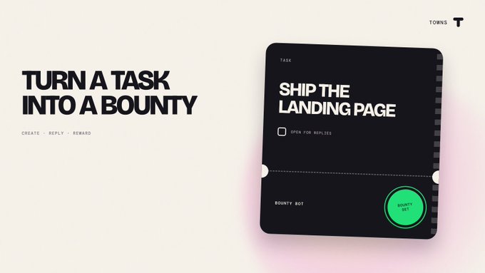 A promotional banner for a tool called 'TORNS' with the headline 'TURN A TASK INTO A BOUNTY' and the steps 'CREATE • REPLY • REWARD,' alongside a black card reading 'SHIP THE LANDING PAGE' with a 'BOUNTY SET' button.
