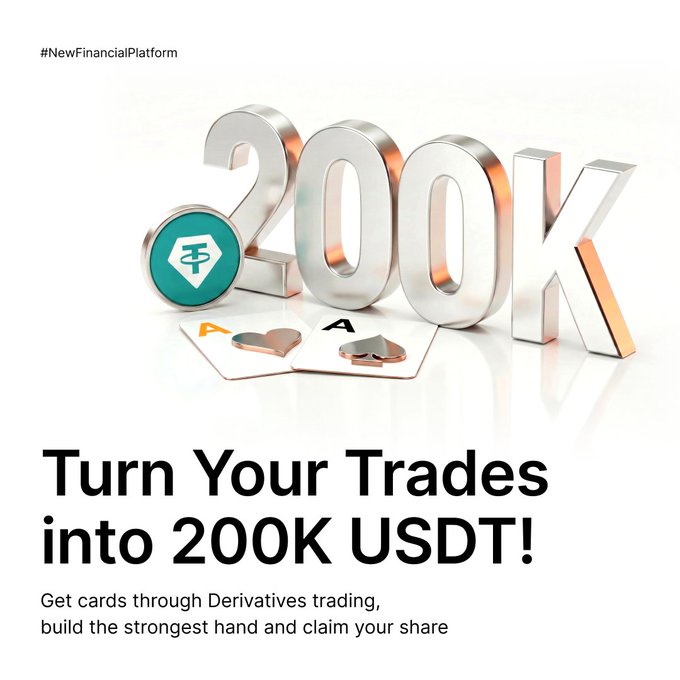 The image is an advertisement for a new trading platform where people can trade USDT currency through Derivatives trading. The title of the post, "Turn Your Tradests to 200k USDT!", encourages people to join the platform to get access to the strong pool of cards available. In order to claim their share of the rewards, users must build and grow the strongest hand in the system. The advertisement also includes a reference to a "Royal Flush Pool" which has been collecting cards for over 20 years under these conditions.
