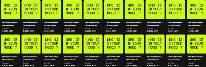 A repeating grid of bright yellow signs with the text 'WHO IS IN YOUR HOOD?' and the handle 'OnChainInsiders'.