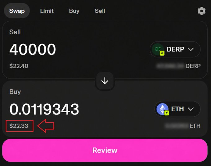 A Uniswap trade screen shows swapping 40,000 $DERP (worth $22.40) for 0.0119343 $ETH (worth $22.33), illustrating the mining earnings from the Stonkpit project highlighted in the post.