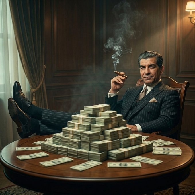 A well-dressed man in a pinstripe suit reclines with his feet on a round table, casually smoking a cigar above a massive pyramid of stacked cash—evoking the confidence of someone who already has wealth and is asking the crowd which altcoin ($ETH, $TAO, $UI) could double their money next.