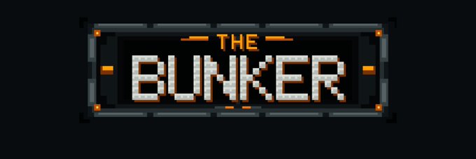 A pixel-art style banner displays "THE BUNKER" in bold white and orange text framed by a metallic industrial border with rivets, serving as the official logo for the @thebunkerhood collaboration giveaway offering 10,000 whitelist spots.