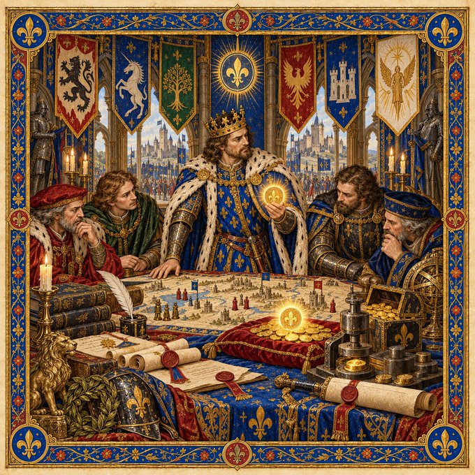 A medieval-style illustration depicting a crowned king and his advisors gathered around a map, surrounded by royal banners with fleur-de-lis and heraldic symbols.