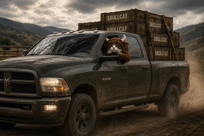A muddy Ram pickup truck loaded with wooden crates stamped "SBULLCAT" rumbles down a dirt road, with a cat wearing a horned hat hanging out the window—likely a meme riffing on the BULLCAT/SBULLCAT Solana token being pitched to @ArdiNSC.