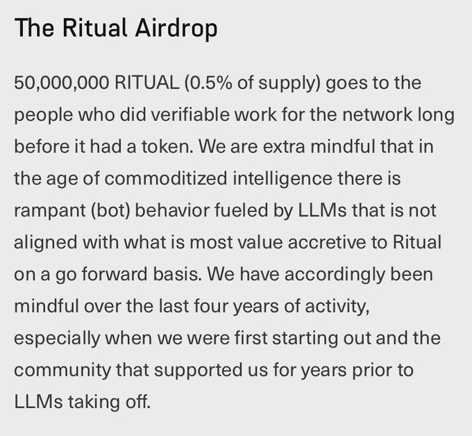 The image shows a section titled "The Ritual Airdrop," announcing that 50,000,000 RITUAL tokens (0.5% of supply) will be distributed to early contributors who performed verifiable work for the network prior to the existence of the token. The text emphasizes the project's awareness of LLM-driven bot behavior and highlights its focus on rewarding genuine community members who supported the network in its early years.