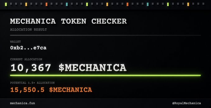 The image displays a "Mechanica Token Checker" result showing a wallet address (0xb2...e7ca) with a current allocation of 10,367 $MECHANICA tokens and a potential 1.5× allocation of 15,550.5 $MECHANICA, from the website mechanica.fun (@RoyalMechanica). This visual supports the post's announcement of a $MECHANICA airdrop for Robinhood Chain users, demonstrating the simple checker tool where users can input their EVM address to view their token allocation without connecting a wallet.