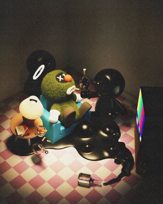 A 3D-rendered scene shows fuzzy cartoon characters lounging on a couch in a dim room with a checkered floor, being served by shadowy figures while one character pours a dark, ink-like liquid.