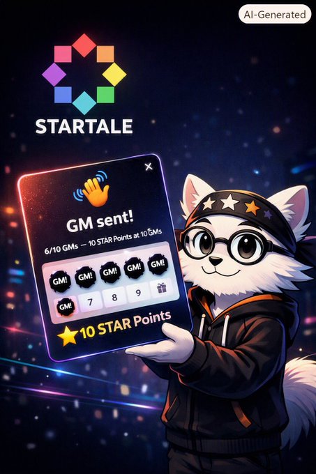An AI-generated promotional image for 'STARTALE' featuring a white dog-like character in a hoodie and headband holding a card that reads 'GM sent! 6/10 GMs ~ 10 STAR Points at 10 GMs' with '10 STAR Points' displayed prominently.