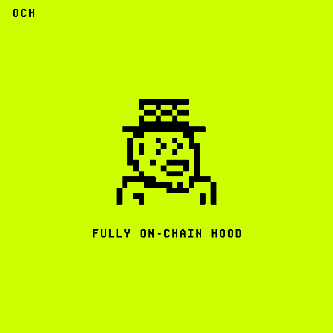 A pixel-art style logo on a bright yellow-green background featuring a hooded figure wearing a checkered top hat, labeled 'OCH' in the corner and 'FULLY ON-CHAIN HOOD' below.