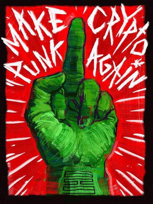 A punk-style painting of a green hand pointing upward with its index finger against a red background with radiating white lines, featuring the handwritten text 'MAKE CRYPTO PUNK AGAIN'.