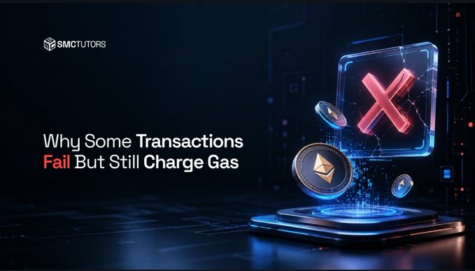 A tech-style thumbnail titled 'Why Some Transactions Fail But Still Charge Gas' with 'SMCTUTORS' branding, showing a 3D glowing 'X' icon alongside floating cryptocurrency tokens.