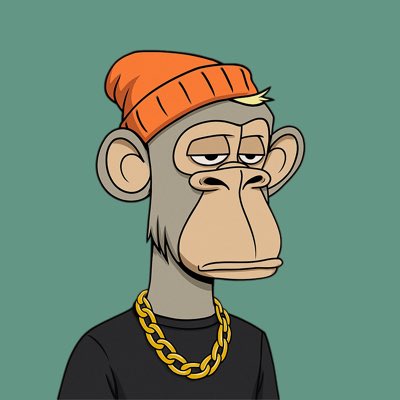 A cartoon illustration of a Bored Ape-style monkey wearing an orange beanie and a gold chain necklace against a teal background.