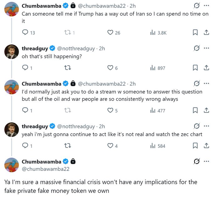 A Twitter/X thread between Chumbawamba (@chumbawamba22) and threadguy (@notthreadguy) discussing Trump and Iran, with Chumbawamba asking if there's a way out of Iran so he can avoid the topic.