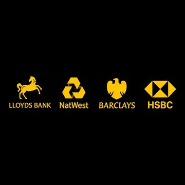 Logos of four major UK banks—Lloyds Bank, NatWest, Barclays, and HSBC—displayed in yellow on a black background.