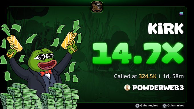 A promotional graphic for the KIRK token showing a 14.7x multiplier, called at 324.5K 1 day and 58 minutes ago by POWDERWEB3, featuring a Pepe the Frog cartoon character holding money bags.