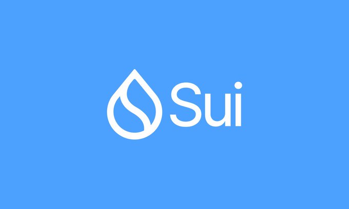 The Sui blockchain logo is displayed as a white water drop symbol next to the word 'Sui' on a blue background.