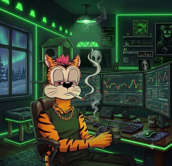 A cartoon illustration of an orange tiger character with a pink mohawk smoking a cigarette while sitting at a desk with multiple monitors displaying stock charts in a green-lit room.