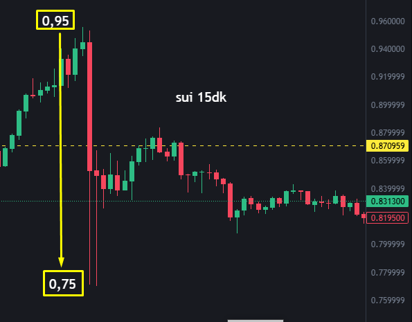 The image shows a SUI 15-day candlestick chart illustrating a sharp decline from a high of 0.95 to a low of 0.75, with the current price hovering around 0.819500, visually reinforcing the post's warning that "SUI is losing blood very quickly in the drops" and supporting the author's strategy of placing a spot buy order at 0.55 to capitalize on further potential downside.