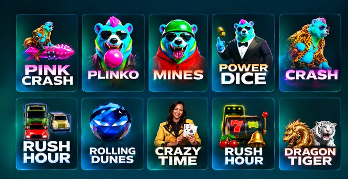 A promotional graphic displays a grid of ten online casino games, such as 'PINK CRASH', 'PLINKO', 'MINES', 'POWER DICE', 'CRASH', 'RUSH HOUR', 'ROLLING DUNES', 'CRAZY TIME', 'RUSH HOUR', and 'DRAGON TIGER'.