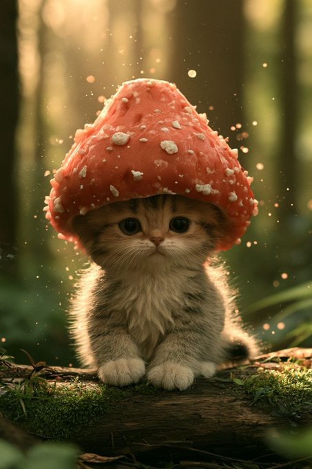 A digital illustration of an adorable fluffy kitten wearing a red mushroom cap, sitting on a mossy log in a sunlit forest with floating particles.