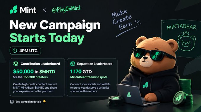 A promotional graphic announcing 'New Campaign Starts Today' at 4PM UTC, featuring the MintABear character at a laptop, with details about a $50,000 Contribution Leaderboard and 1,170 GTD Reputation spots.