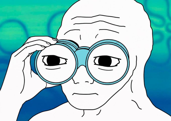An animated illustration of a bald, pale figure holding up teal-colored goggles or binoculars over their eyes against a blue-green background.