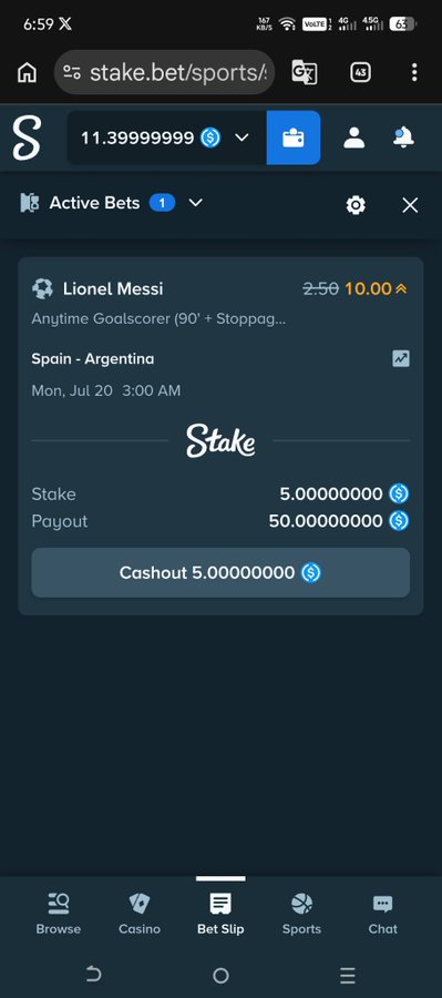A mobile screenshot of Stake.com sports betting showing an active bet on Lionel Messi for 'Anytime Goalscorer' in Spain vs Argentina, with a 10.00x odds and a $5 bet.