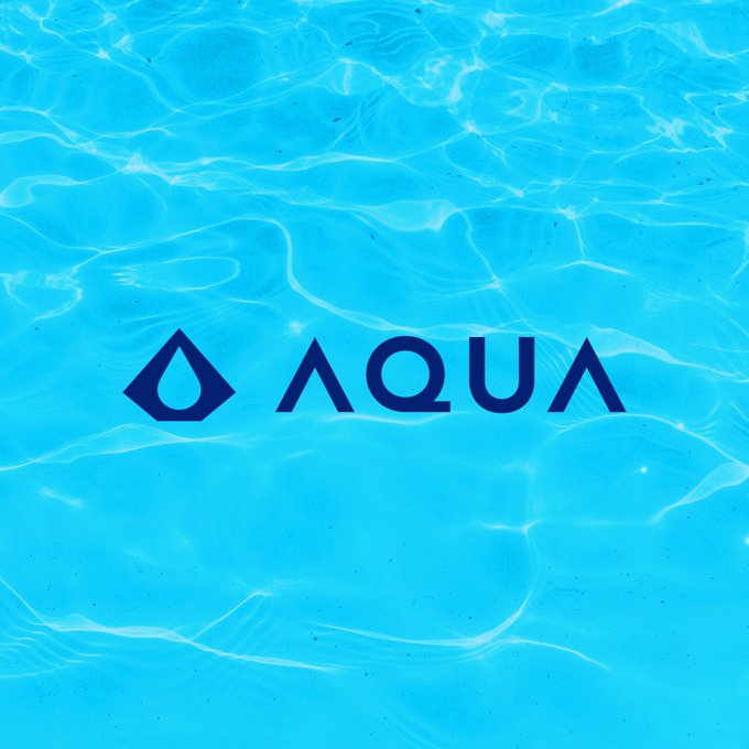 The image features the AQUA logo displayed on a bright blue water background with a water drop icon and the text "AQUA," representing the AQUA wallet that enables USDT-based fee payments on the Liquid Network for fast and confidential transactions.