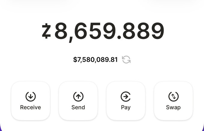 A crypto wallet interface displaying a balance of approximately 8,659.889 (worth $7,580,089.81) with Receive, Send, Pay, and Swap action buttons.