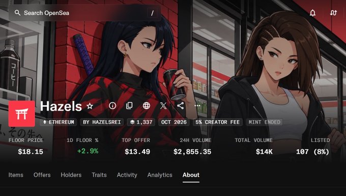 An OpenSea NFT marketplace page displaying the 'Hazels' collection on Ethereum, showing two female anime-style characters, with a floor price of $18.15, 1.337% owned, and October 2026 mint ended.