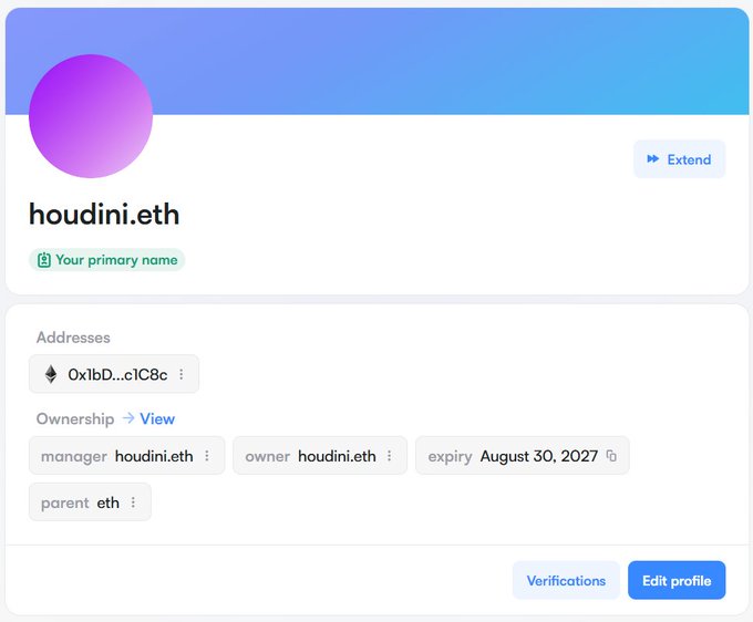 An ENS (Ethereum Name Service) profile page showing the domain 'houdini.eth' as the primary name, with the associated address 0x1bD...c1C8c, manager/owner set to houdini.eth, parent eth, and expiry August 30, 2027.