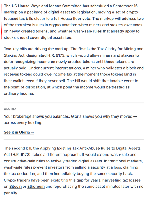A news article screenshot with red highlights discusses US House Ways and Means Committee markup of digital asset tax legislation, specifically mentioning the 'Tax Clarity for Mining and Staking Act' (H.R. 9175) and the 'Applying Existing Tax Anti-Abuse Rules to Digital Assets Act' (H.R. 9172), referencing Bitcoin and Ethereum.