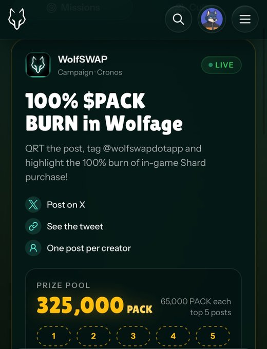 A dark-themed app screen displays a 'WolfSWAP' campaign titled '100% $PACK BURN in Wolfage,' with a prize pool of '325,000 PACK' and instructions to 'Post on X.'