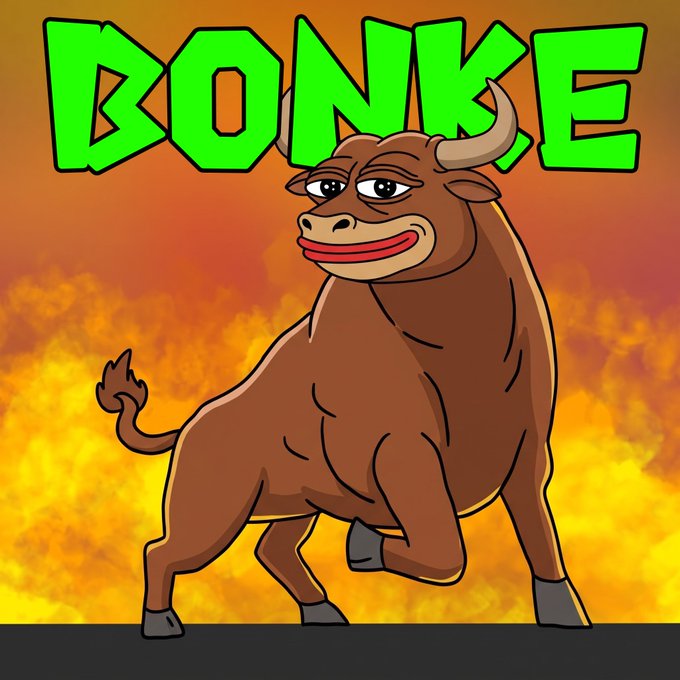A cartoon illustration features a muscular brown bull standing in front of flames with the bright green text 'DONKE' displayed above it.