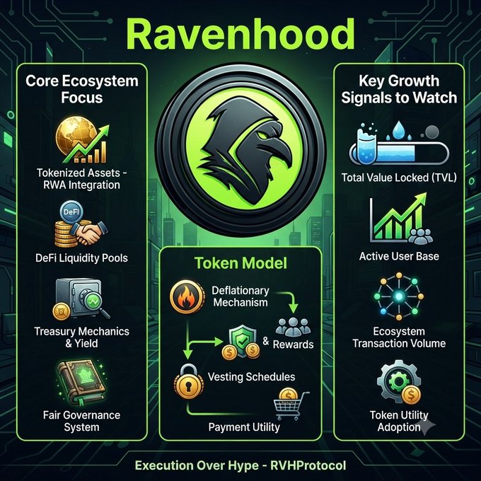 An infographic for 'Ravenhood' and 'RVHProtocol' detailing its 'Core Ecosystem Focus', 'Token Model' (including Deflationary Mechanism and Vesting Schedules), and 'Key Growth Signals to Watch' like TVL.