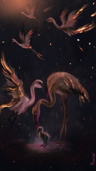 A digital painting depicts cranes and a flamingo with glowing golden feathers alongside a small chick in a dark, rainy atmosphere.