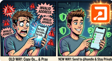 A cartoon-style graphic contrasts 'OLD WAY: Copy 0x... & Pray' with 'NEW WAY: Send to @handle & Stay Private,' featuring a person at a glowing orange icon.