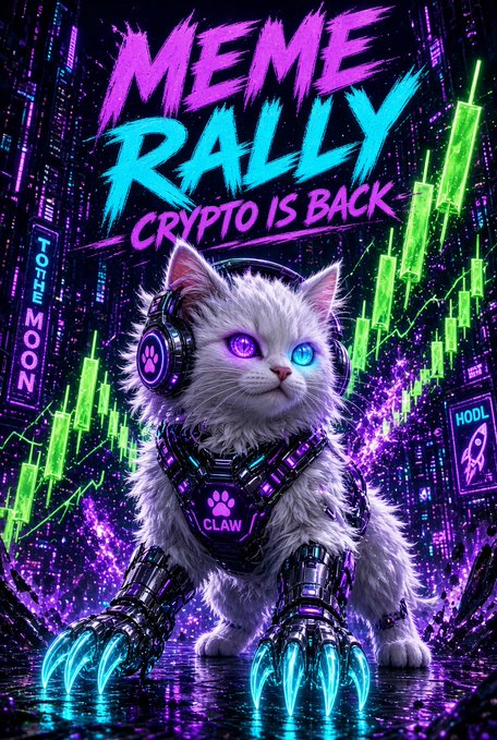 A cyberpunk-style poster features a white kitten with glowing purple and blue eyes wearing futuristic headphones and mechanical clawed boots with a tag reading 'CLAW', set against a neon city background with text 'MEME RALLY - CRYPTO IS BACK' and 'MOON' signage.