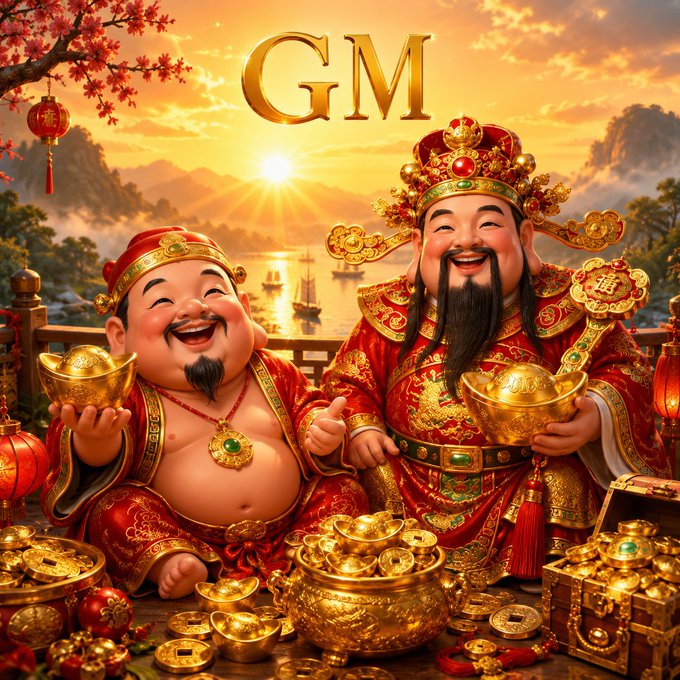 Two jolly Chinese deities of fortune sit among heaps of gold ingots and treasure beneath a golden sunset, with the bold golden text "GM" displayed above their heads—fitting the post's playful "Good Morning" greeting as a cheerful morning welcome from the Gods of Wealth.