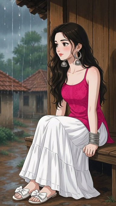 Anime-style illustration of a young woman with long dark hair wearing a pink top and flowing white skirt, sitting on a wooden bench in the rain with silver jewelry and bow sandals.