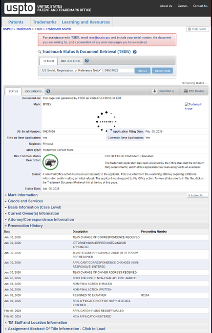 USPTO trademark filing page for "SPOLY" (Serial Number 99637026), showing a live application for a service mark related to a mark (likely Polymarket's upcoming logo or brand) filed on Feb 05, 2026 by Principal, supporting the claim that Polymarket is preparing new branding tied to a blockchain launch.