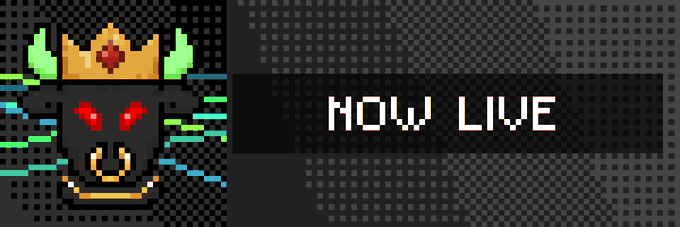 A pixel art banner featuring a horned skull wearing a yellow crown alongside the text 'NOW LIVE' on a dark gray dotted background.
