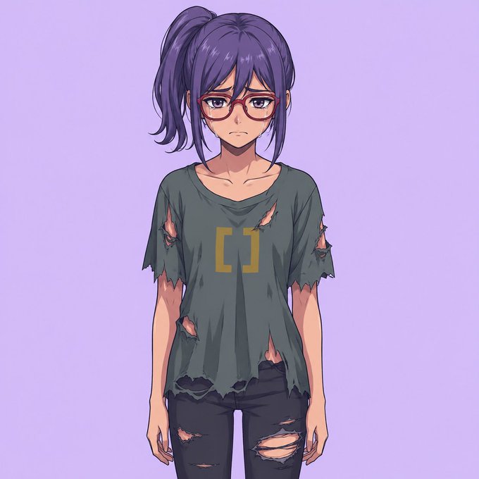An anime-style illustration of a sad girl with purple hair in a ponytail, wearing red glasses and a tattered gray shirt with a yellow bracket symbol '[ ]' printed on it.