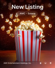 The image shows a red-and-white striped popcorn bucket overflowing with popcorn, featuring the text "New Listing," "AMC • Solana," and "AMC Entertainment Holdings, Inc." at the bottom. It relates to the post by celebrating AMC's new token listing on Solana being accessible through the Mayan cross-chain swap protocol.