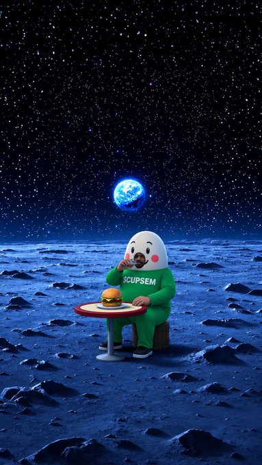 A cartoon mascot named $CUPSEM, wearing a green hoodie with "SCUPSEM" written on it, sits at a small table eating a burger while gazing up at Earth from a rocky lunar surface under a starry night sky—evoking a lonely, patient wait in space as referenced in the post.