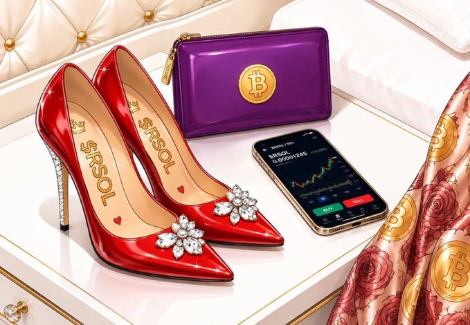 Red high-heeled shoes branded with '$RSOL' next to a purple clutch featuring a Bitcoin logo and a smartphone displaying a price chart.