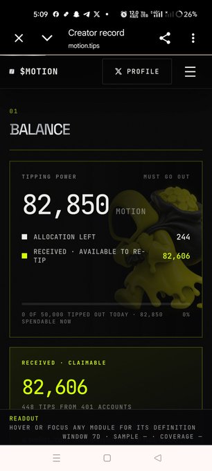A "Creator record" page from motion.tips showing the account "BALANCE" has 82,850 Tipping Power and 82,606 MOTION received from 448 tips across 401 accounts, with no tips given out today. The screenshot supports the creator's excitement about the $MOTION token and V2 launch, displaying their accumulated tips and available balance on the platform.